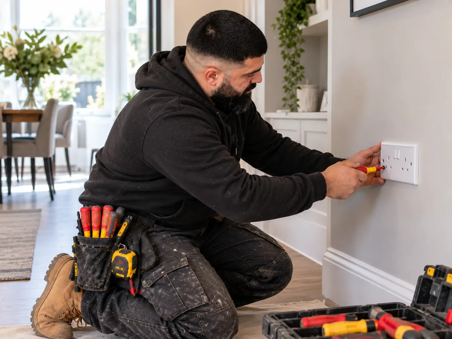 Electrician installing additional sockets in an Ealing property