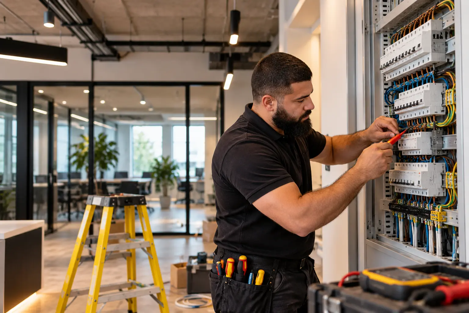 Electrician working on a commercial electrical distribution board