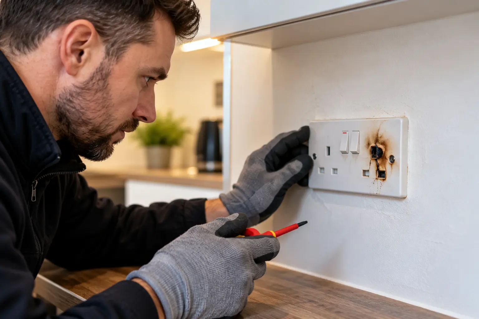 Heat-damaged UK socket being inspected during an electrical emergency in Ealing