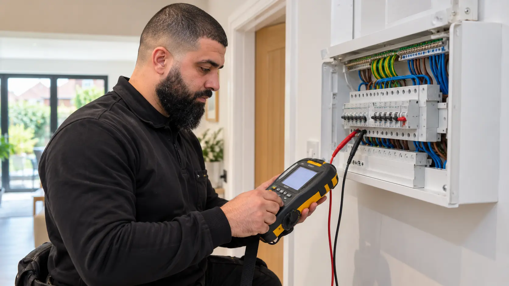 Electrician carrying out an EICR inspection at a UK consumer unit in Ealing