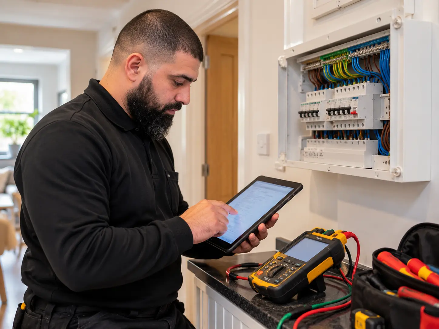 Electrician reviewing EICR test results after an inspection in Ealing