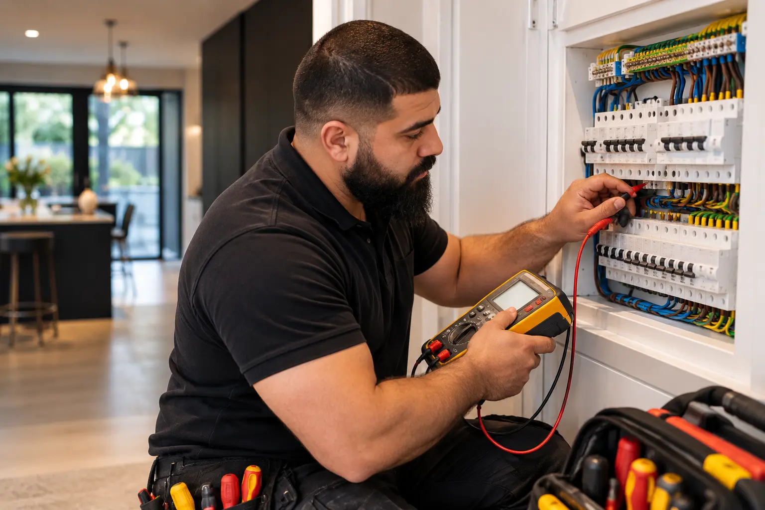 Electrician testing a consumer unit with electrical test equipment