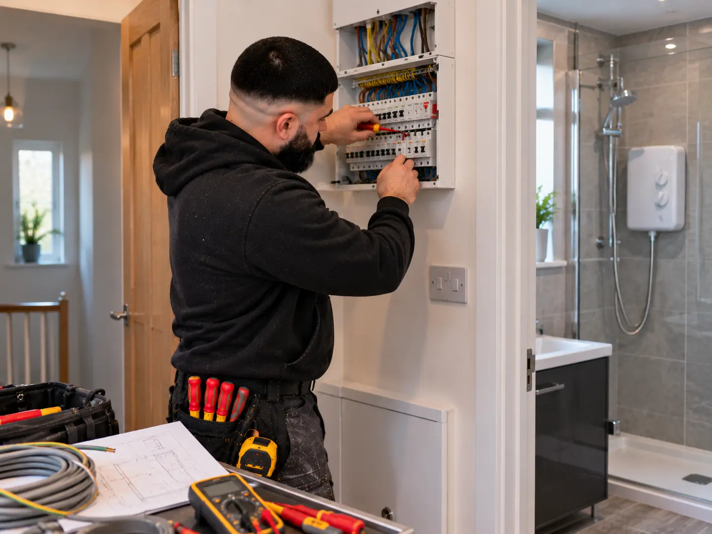 Electrician working on an electrical circuit for an electric shower in Ealing