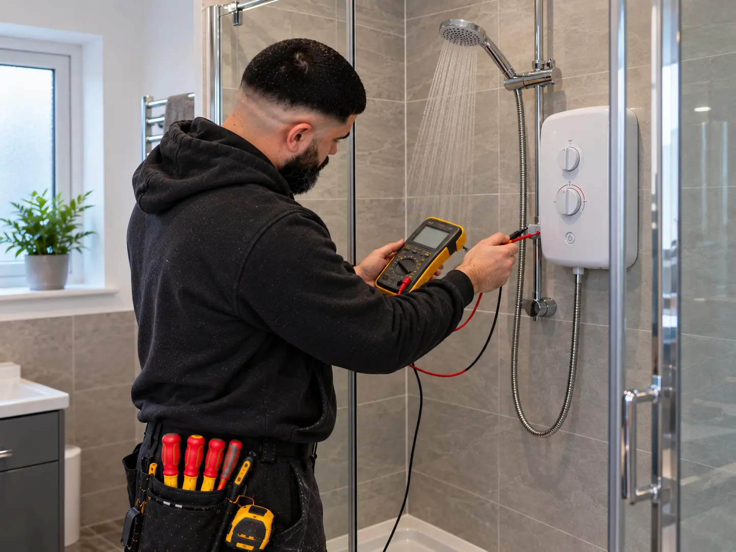 Electrician testing a replacement electric shower in Ealing