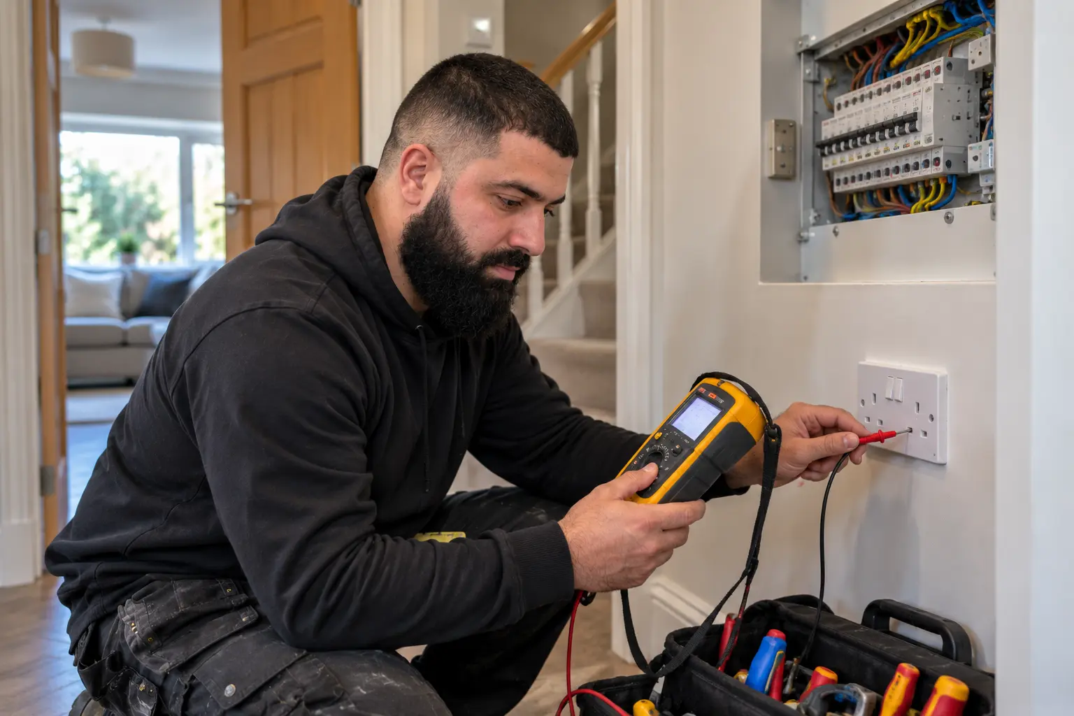 Electrician testing a domestic electrical circuit during fault diagnosis in Ealing