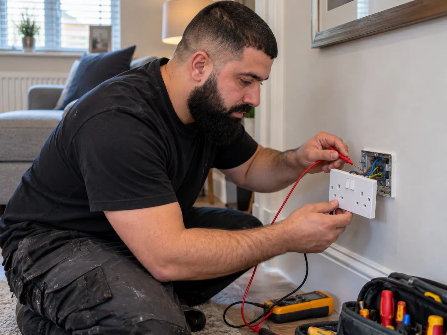 Electrician diagnosing and repairing a faulty socket in an Ealing home