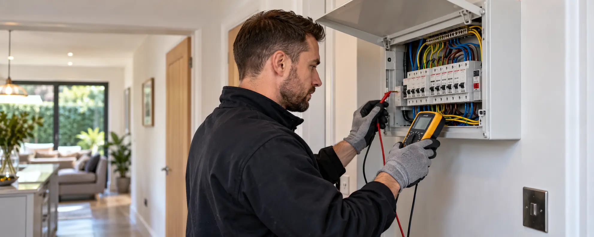 Electrician inspecting a consumer unit during an emergency call-out in Ealing