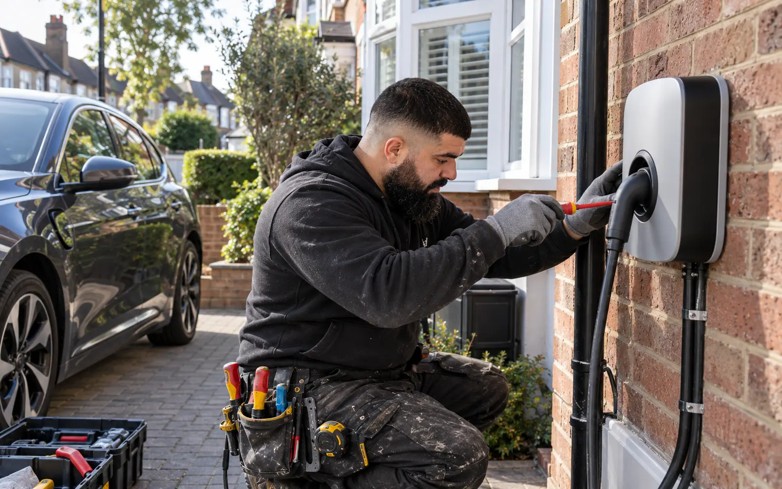 Electrician checking a residential EV charger installation