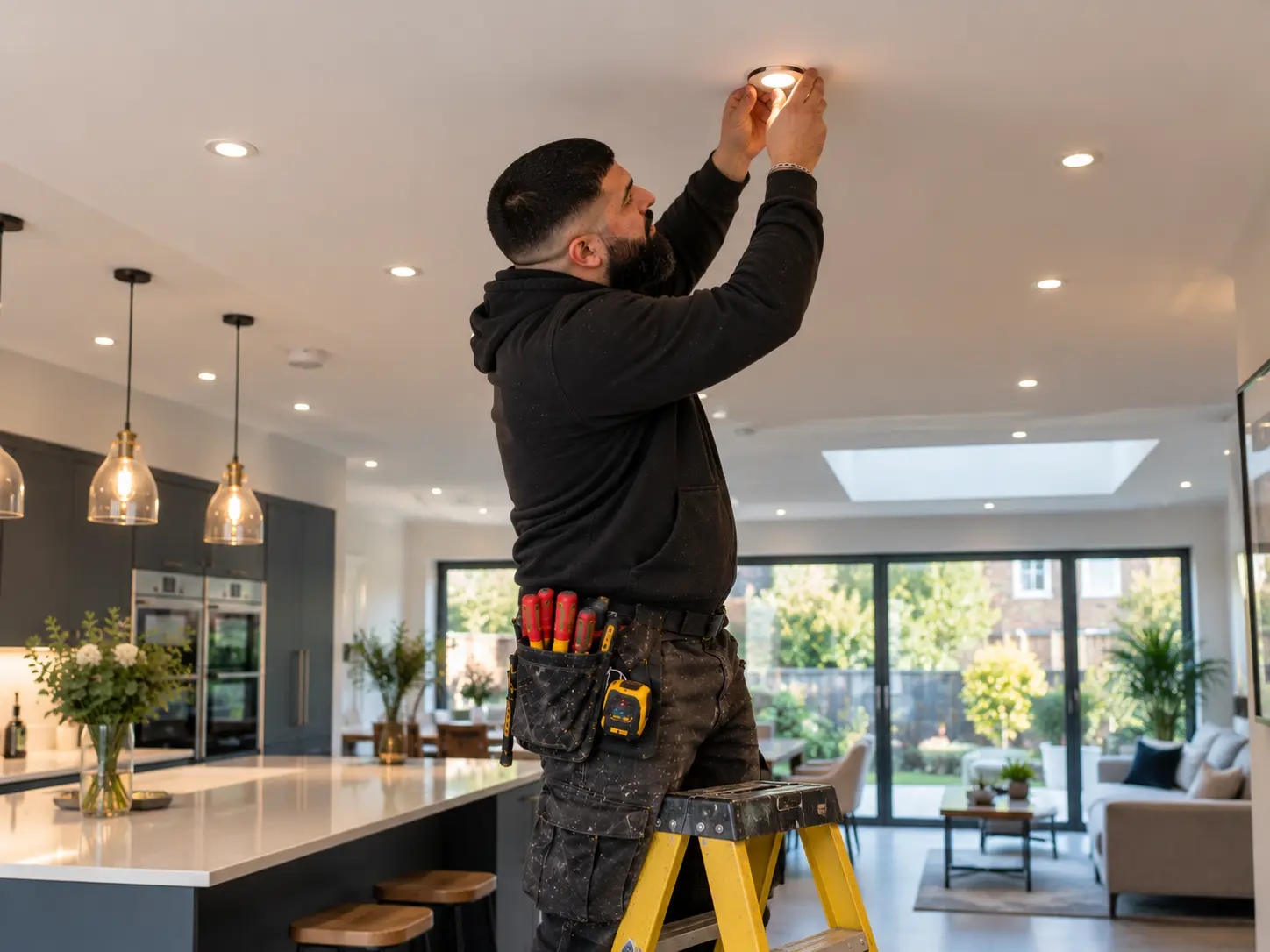 Electrician installing LED ceiling lights in an Ealing property