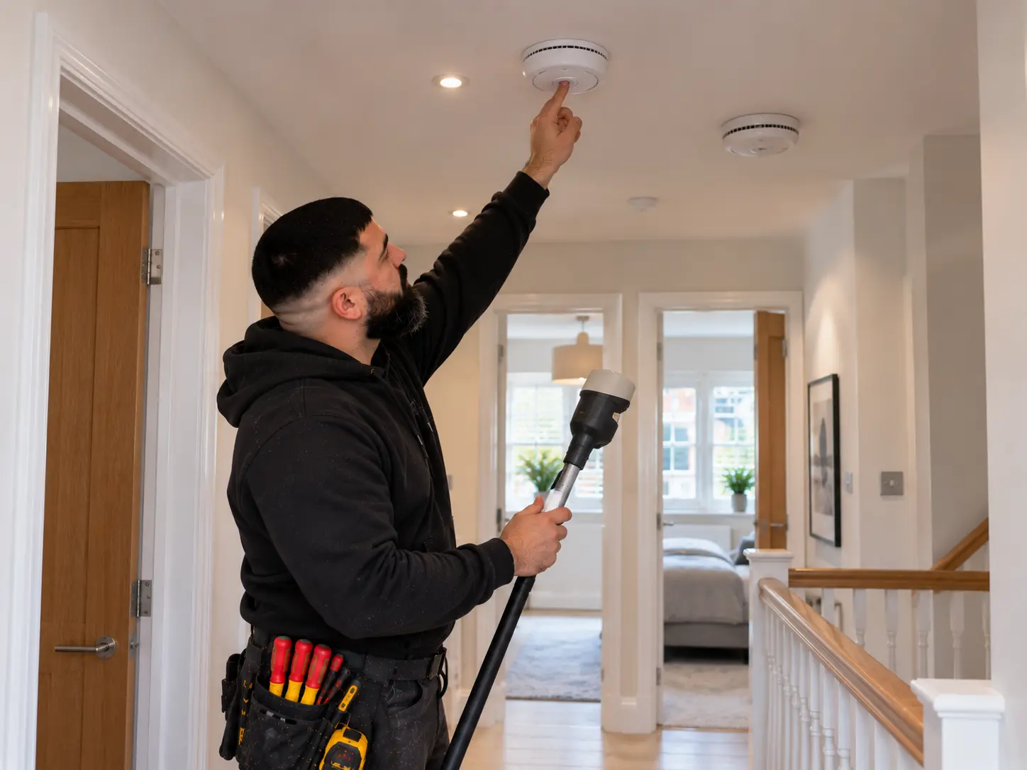 Electrician testing an interlinked smoke alarm system in Ealing