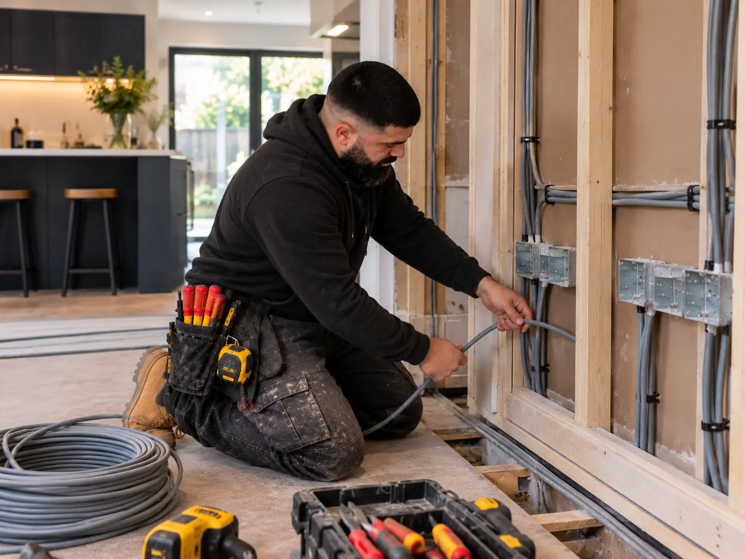 Electrician installing wiring for a new electrical circuit in Ealing