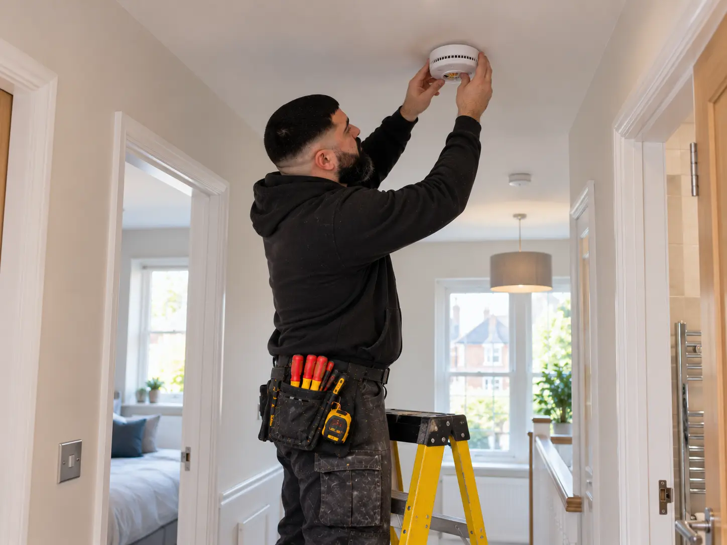 Electrician installing a smoke alarm in an Ealing home